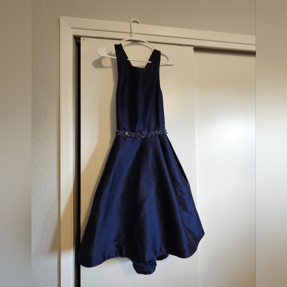 Monique Lhuillier We Belong Together Dress 12 Cross-Back Beaded Fit & Flare Navy